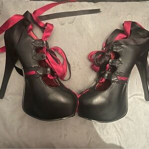 Size 8 Black and Red Ribbon Tie, 6” Platform Heels